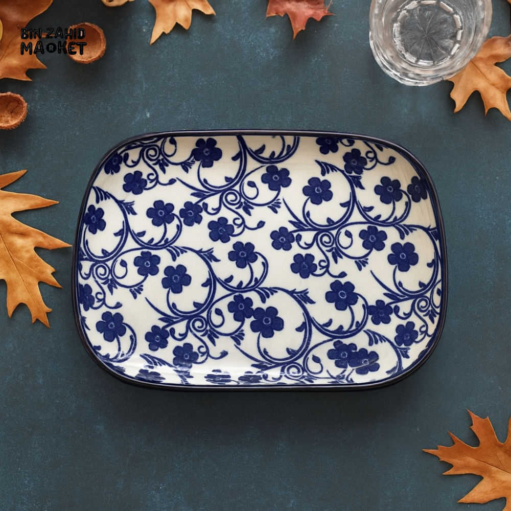 DANNY HOME RECTANGULAR CERAMIC SERVING PLATE – BLUE FLORAL DESIGN FOR ELEGANT TABLE PRESENTATION