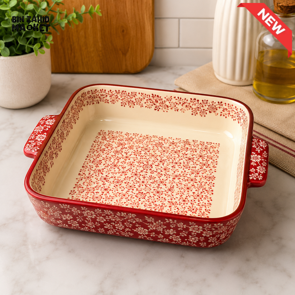 DANNY HOME RECTANGULAR PORCELAIN CERAMIC BAKING TRAY WITH HANDLES VINTAGE FLORAL DESIGN SM01-16