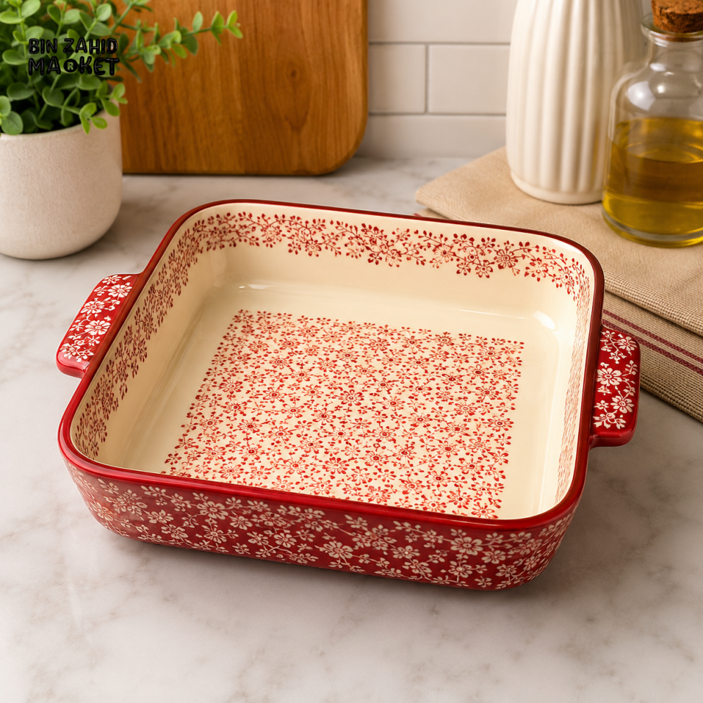 DANNY HOME RECTANGULAR PORCELAIN CERAMIC BAKING TRAY WITH HANDLES VINTAGE FLORAL DESIGN SM01-16