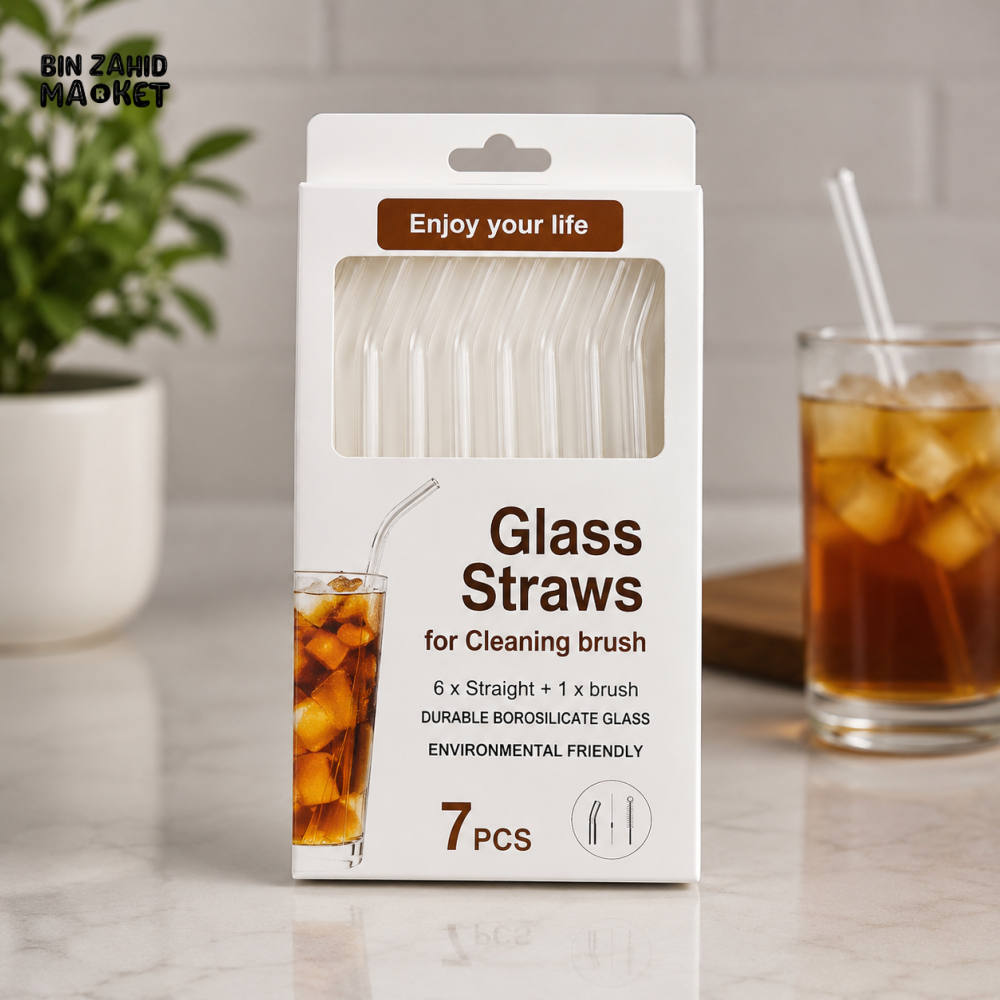 DANNY HOME REUSABLE GLASS DRINKING STRAWS SET WITH CLEANING BRUSH - 7 PIECE SET