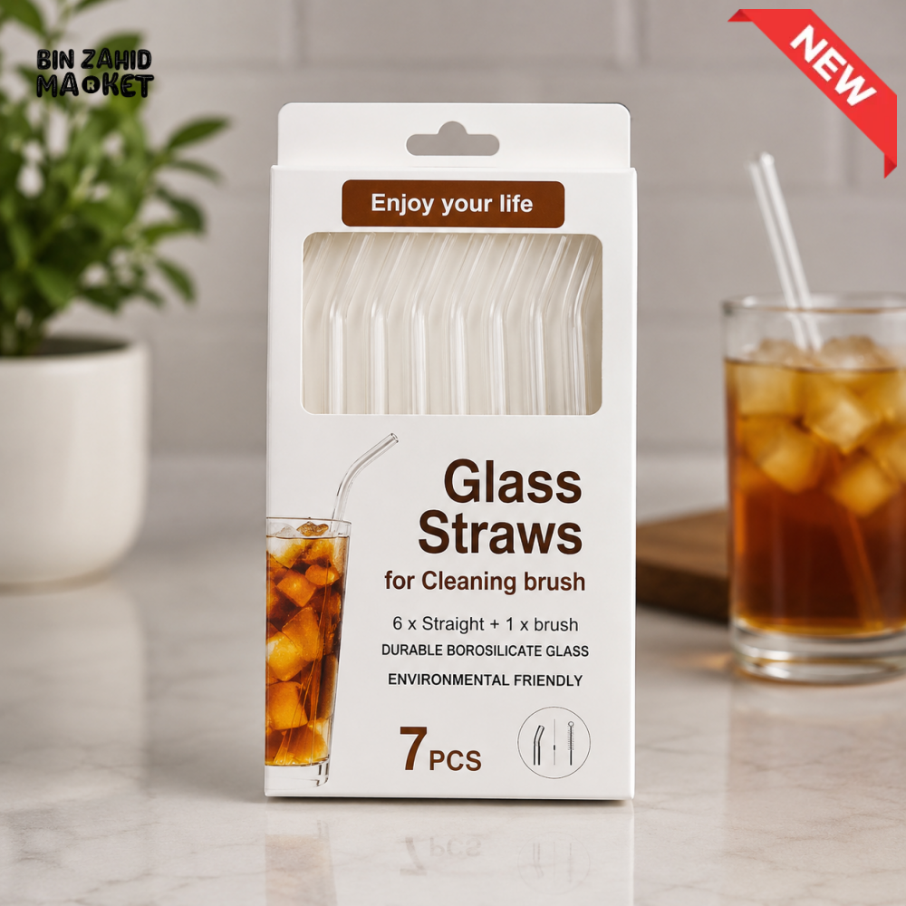 DANNY HOME REUSABLE GLASS DRINKING STRAWS SET WITH CLEANING BRUSH - 7 PIECE SET