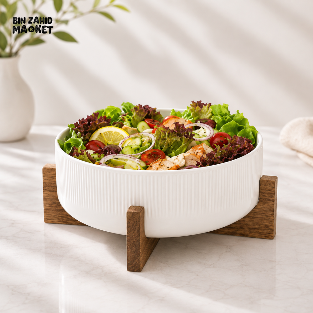 DANNY HOME RIBBED CERAMIC SERVING BOWL WITH WOODEN STAND