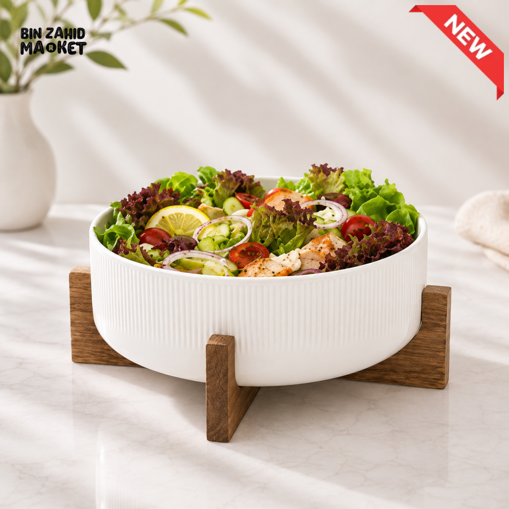 DANNY HOME RIBBED CERAMIC SERVING BOWL WITH WOODEN STAND