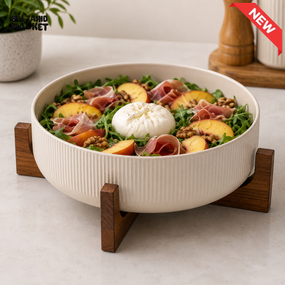 DANNY HOME RIBBED CERAMIC SERVING BOWL WITH WOODEN STAND