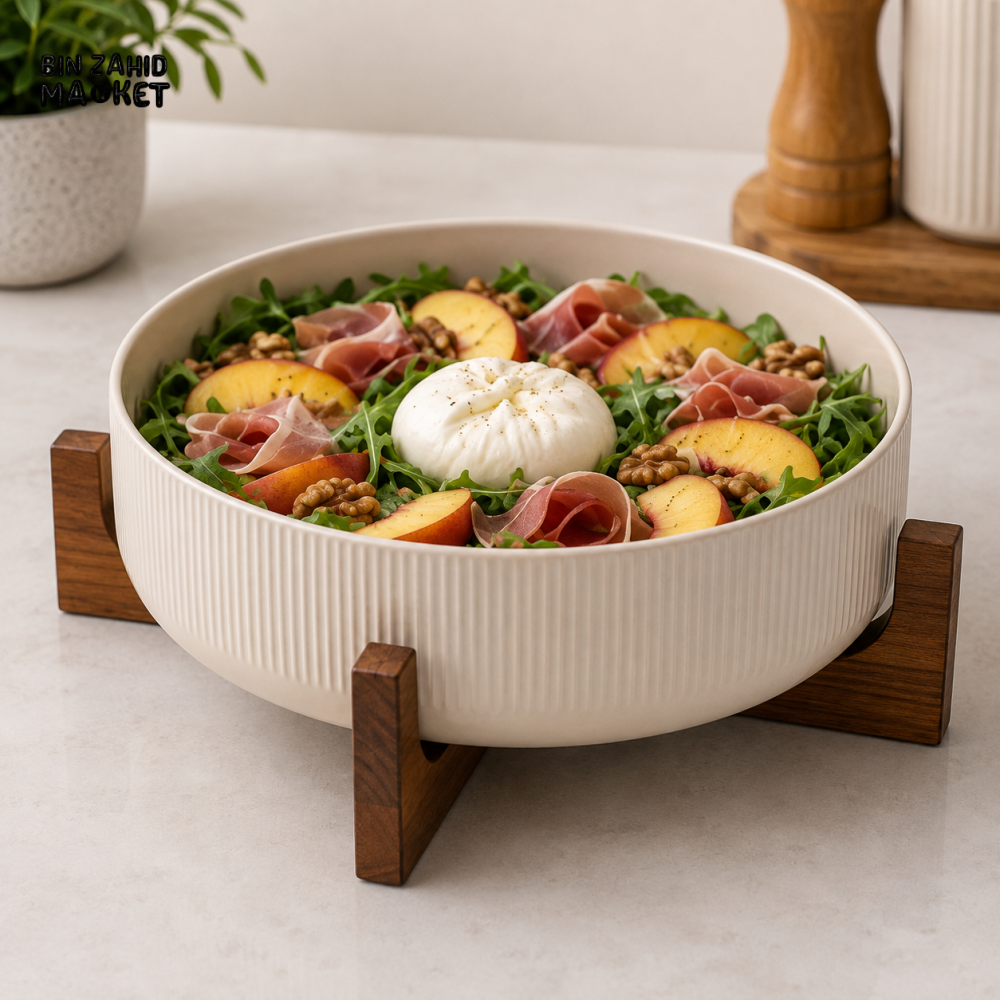 DANNY HOME RIBBED CERAMIC SERVING BOWL WITH WOODEN STAND