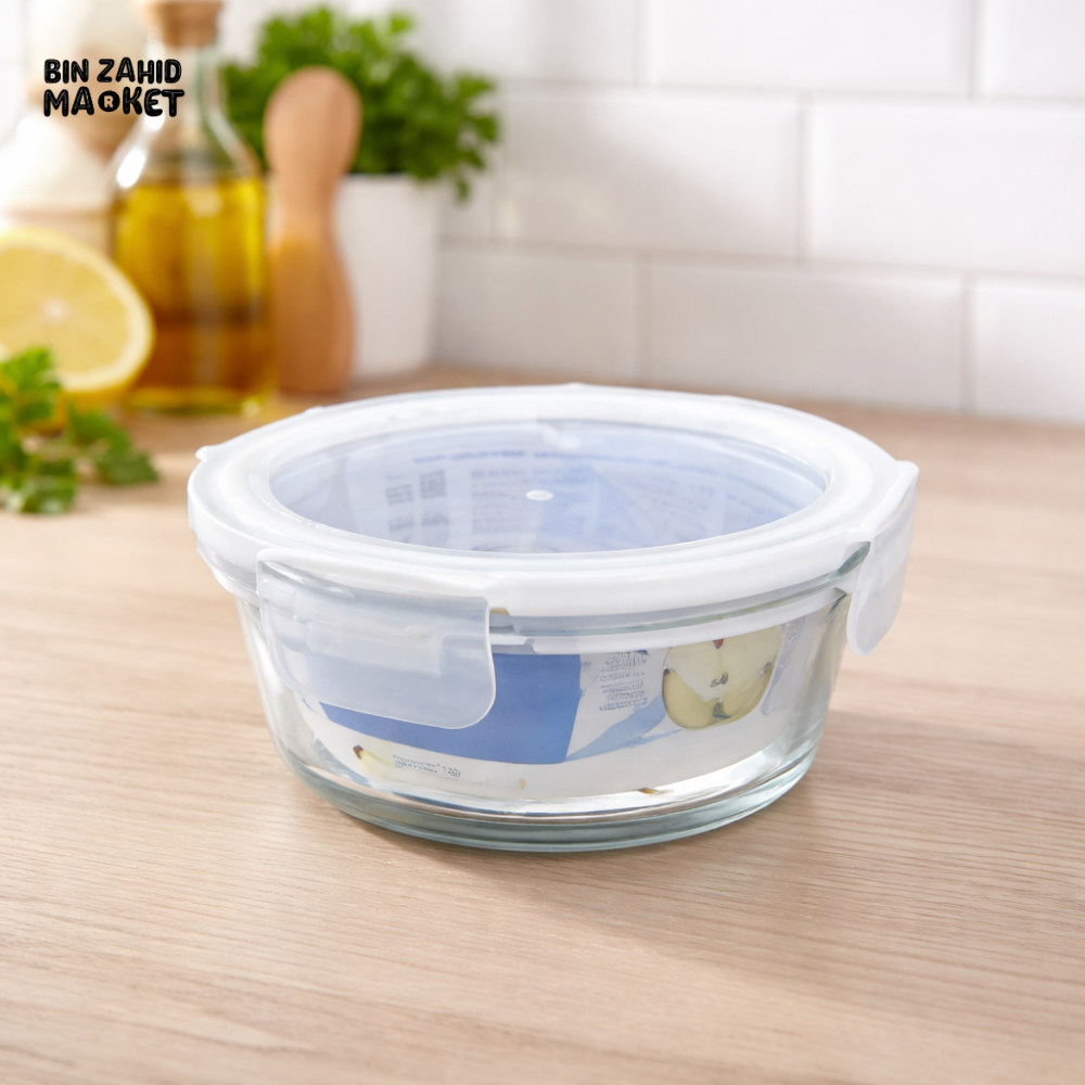 DANNY HOME ROUND BOROSILICATE GLASS FOOD STORAGE CRISPER CONTAINER WITH AIRTIGHT LOCKING LID 635ML BXH02-03