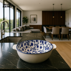 DANNY HOME ROUND CERAMIC BAKING DISH – BLUE FLORAL DESIGN OVEN SAFE CASSEROLE BOWL WITH HANDLES 11 110TYKP