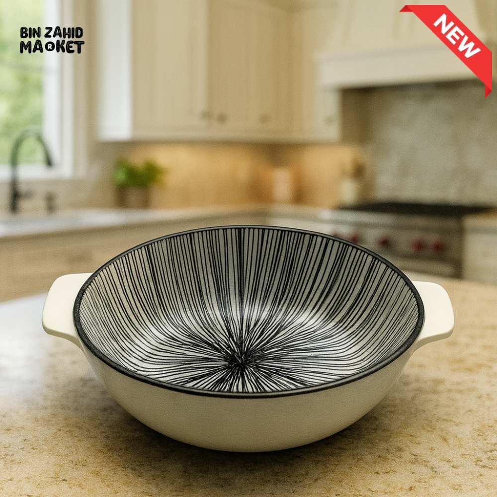 DANNY HOME ROUND CERAMIC BAKING DISH – MODERN BLACK LINE DESIGN OVEN SAFE CASSEROLE TRAY WITH HANDLES 9 90TYKP