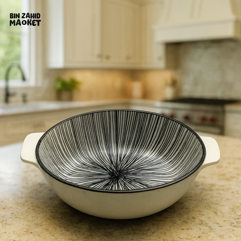 DANNY HOME ROUND CERAMIC BAKING DISH – MODERN BLACK LINE DESIGN OVEN SAFE CASSEROLE TRAY WITH HANDLES 9 90TYKP