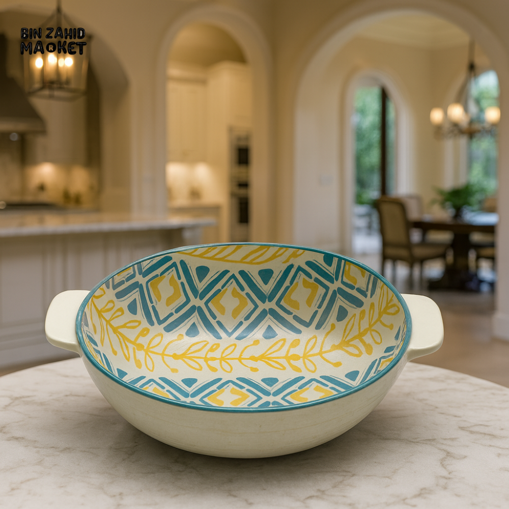 DANNY HOME ROUND CERAMIC BAKING DISH – MULTICOLOR GEOMETRIC DESIGN OVEN SAFE CASSEROLE BOWL WITH HANDLES 9 90TYKP