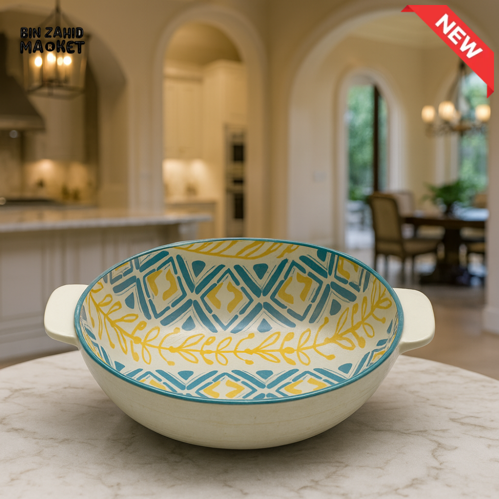 DANNY HOME ROUND CERAMIC BAKING DISH – MULTICOLOR GEOMETRIC DESIGN OVEN SAFE CASSEROLE BOWL WITH HANDLES 9 90TYKP