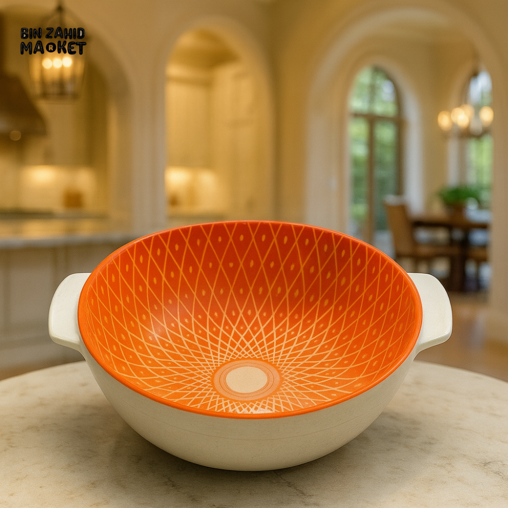 DANNY HOME ROUND CERAMIC BAKING DISH – ORANGE GEOMETRIC DESIGN OVEN SAFE CASSEROLE BOWL WITH HANDLES 8 80YKP