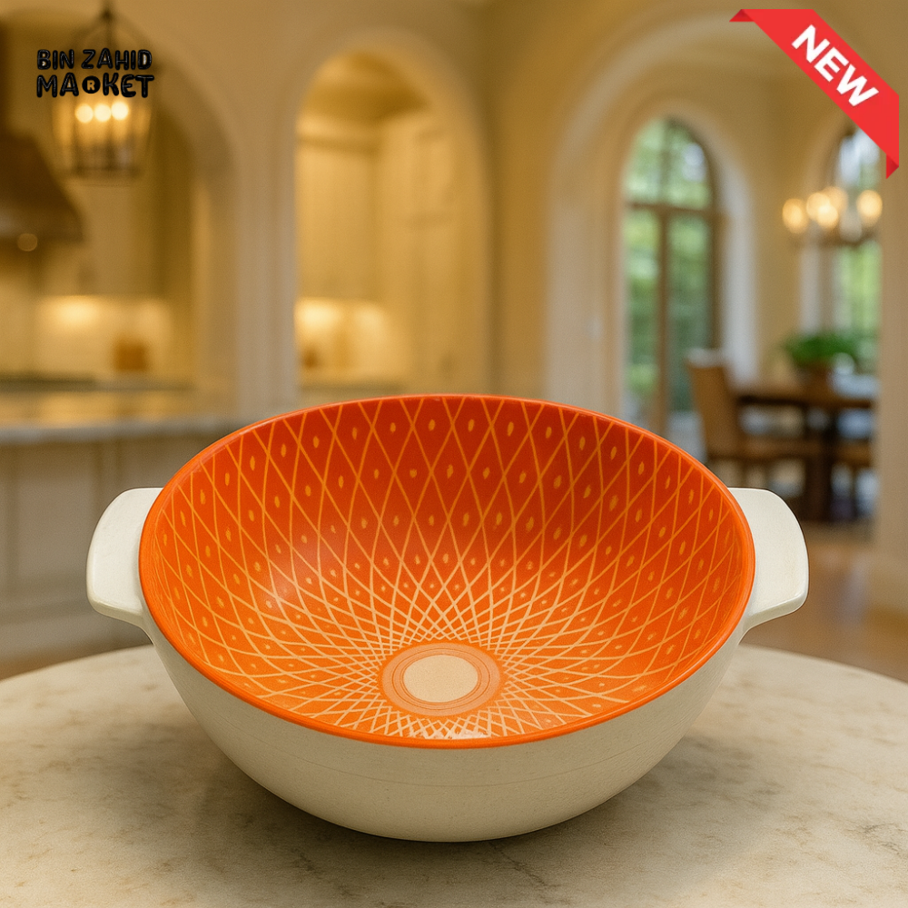 DANNY HOME ROUND CERAMIC BAKING DISH – ORANGE GEOMETRIC DESIGN OVEN SAFE CASSEROLE BOWL WITH HANDLES 8 80YKP