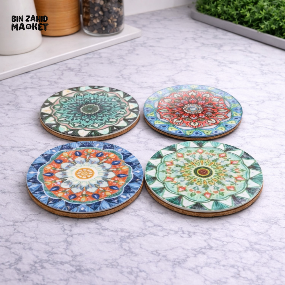 ROUND CERAMIC COASTERS SET OF 4 – MANDALA DESIGN ABSORBENT DRINK COASTERS WITH CORK