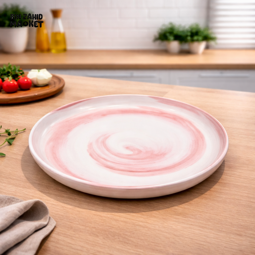 ROUND CERAMIC DINNER PLATE WITH PINK SWIRL DESIGN – MODERN TABLEWARE SERVING PLATE FOR HOME & RESTAURANT USE