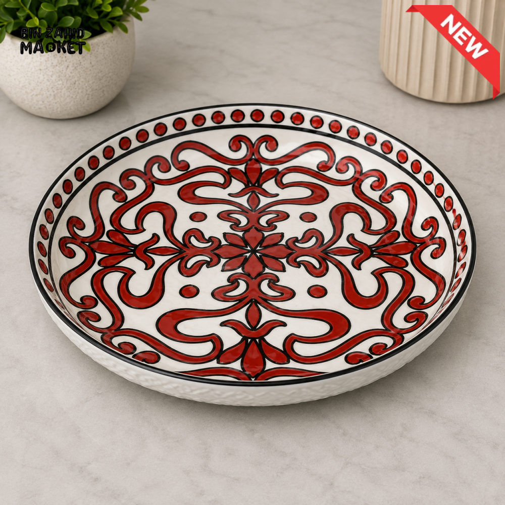 DANNY HOME ROUND CERAMIC SERVING PLATE WITH RED ORNAMENTAL DESIGN