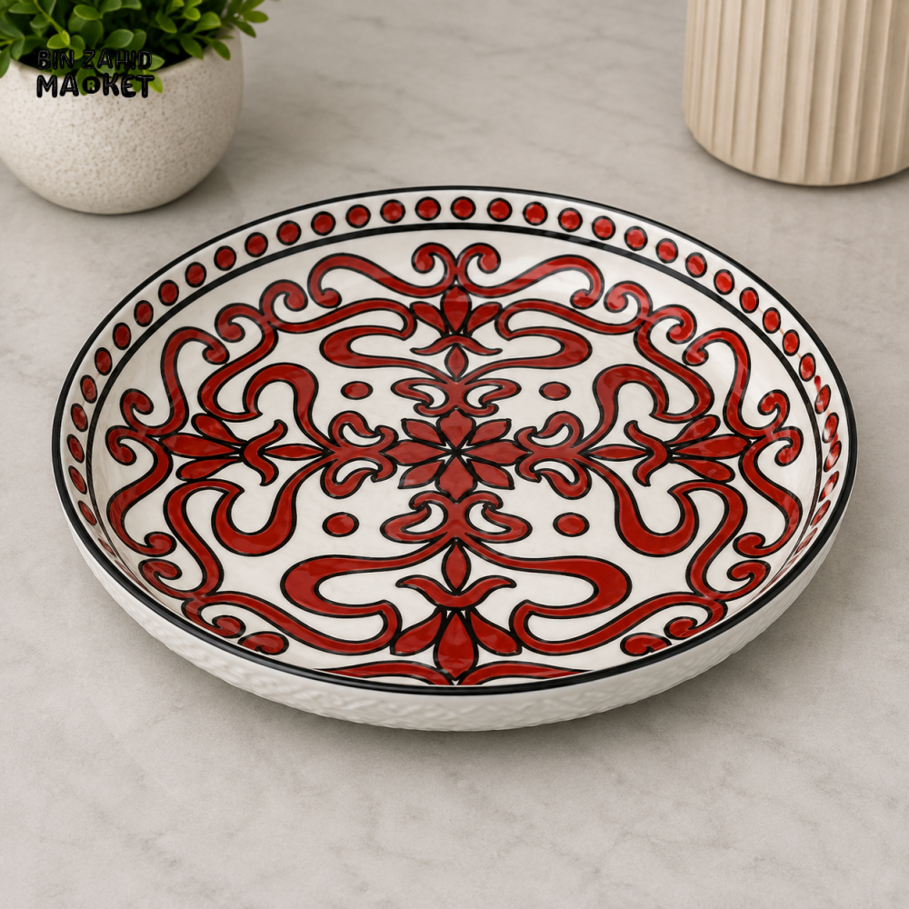 DANNY HOME ROUND CERAMIC SERVING PLATE WITH RED ORNAMENTAL DESIGN