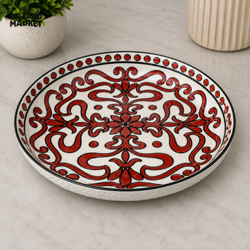 DANNY HOME ROUND CERAMIC SERVING PLATE WITH RED ORNAMENTAL DESIGN