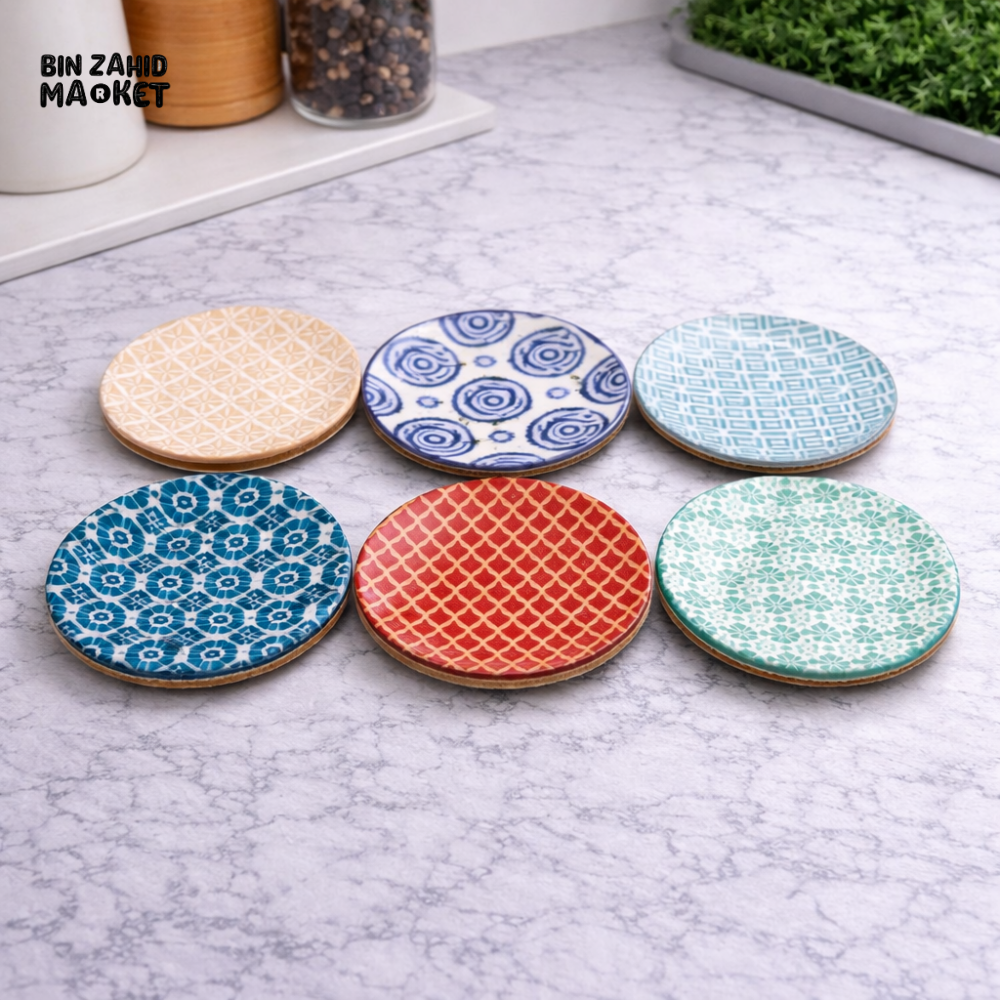 ROUND CERAMIC COASTERS SET OF 6 – GEOMETRIC ABSORBENT DRINK COASTERS WITH CORK BASE