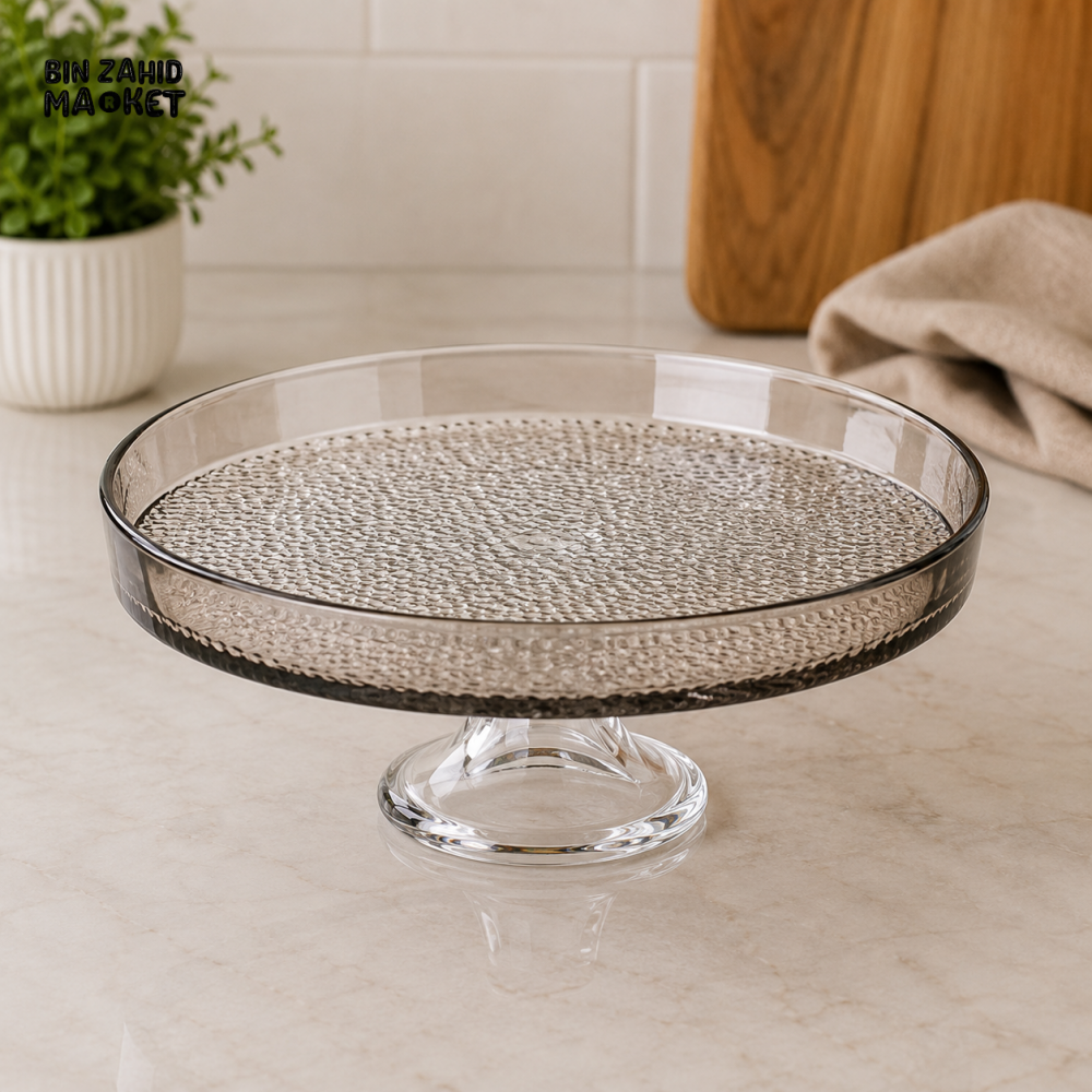 DANNY HOME ROUND TEXTURED GLASS CAKE STAND WITH PEDESTAL BASE - 13 INCHES