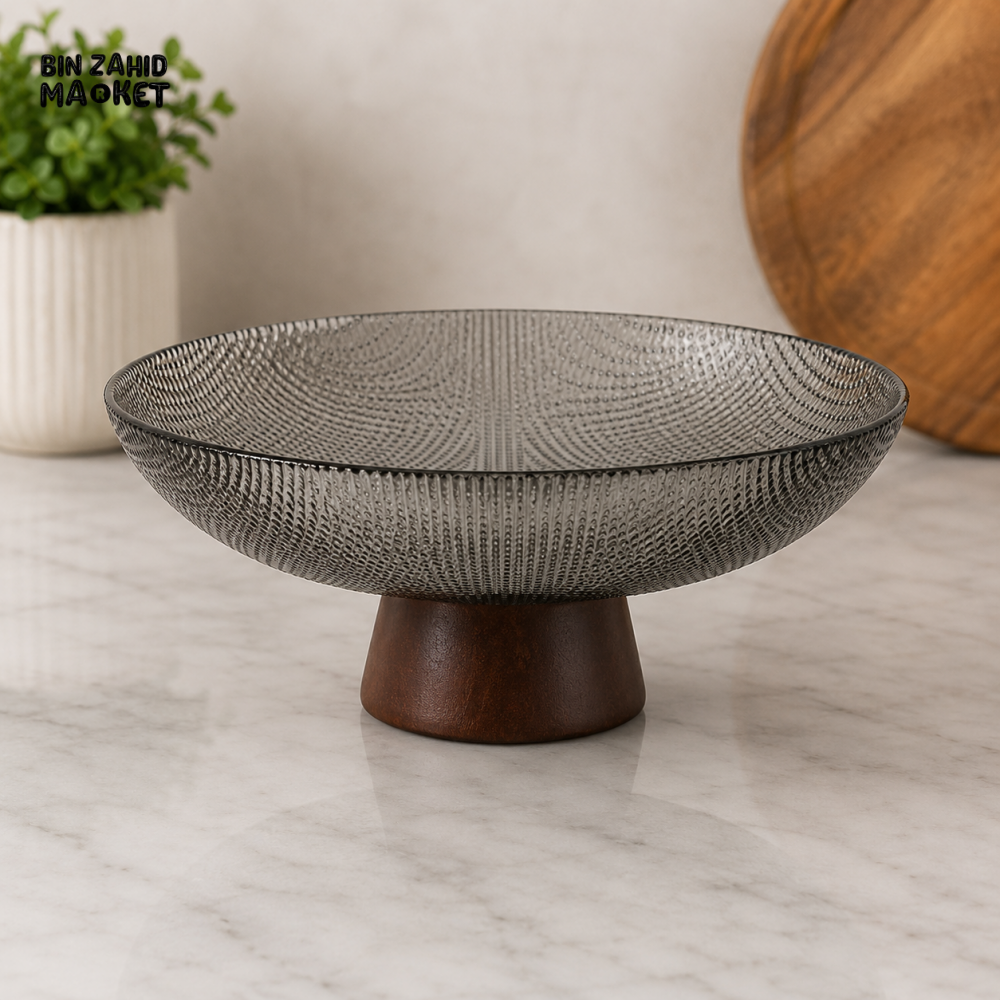 DANNY HOME SMOKED GLASS PEDESTAL SERVING BOWL WITH WOODEN BASE