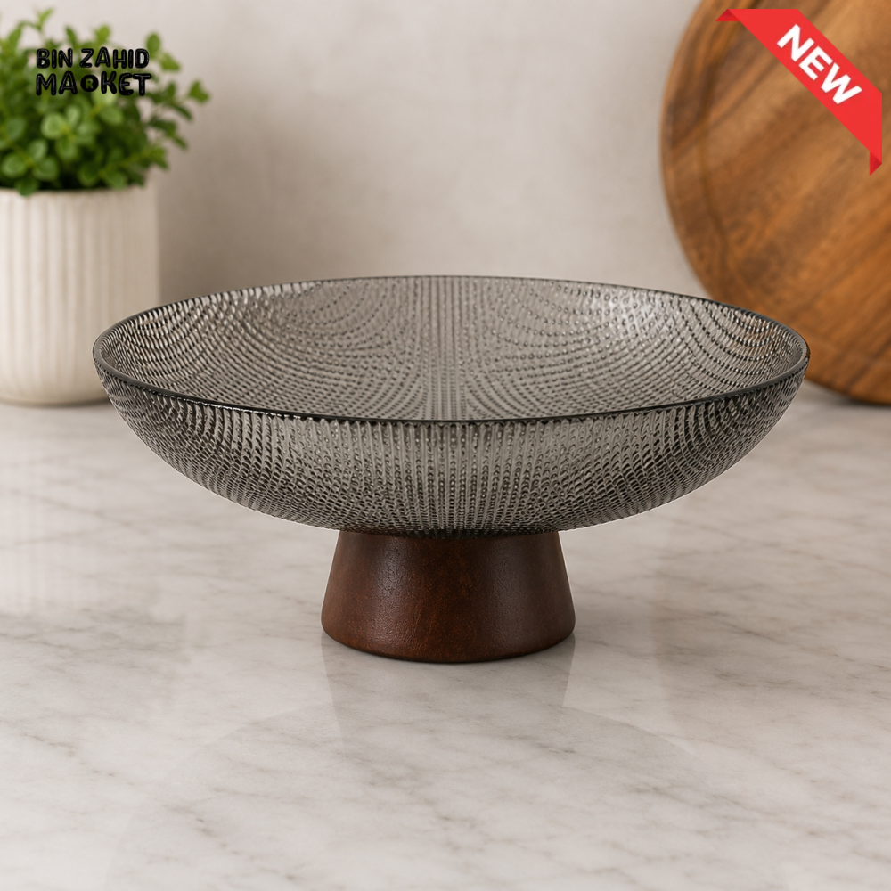 DANNY HOME SMOKED GLASS PEDESTAL SERVING BOWL WITH WOODEN BASE