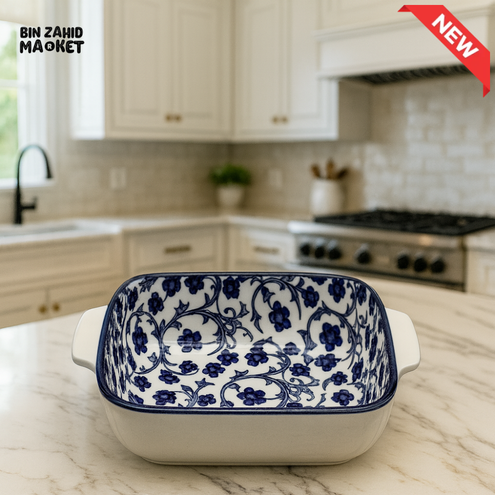 DANNY HOME SQUARE CERAMIC BAKING DISH – BLUE FLORAL DESIGN OVEN SAFE CASSEROLE TRAY WITH HANDLES 6 60FKP