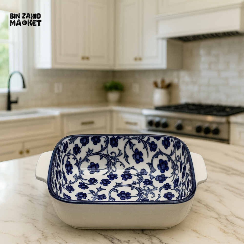 DANNY HOME SQUARE CERAMIC BAKING DISH – BLUE FLORAL DESIGN OVEN SAFE CASSEROLE TRAY WITH HANDLES 6 60FKP
