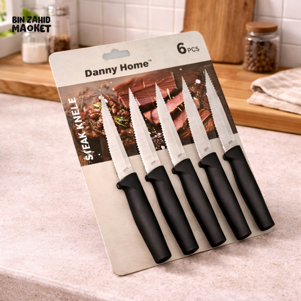 DANNY HOME STAINLESS STEEL 5’’ STEAK KNIFE SET 6PCS SERRATED BLADE DINNER TABLE KNIVES WITH ERGONOMIC HANDLE 20CM DH4360