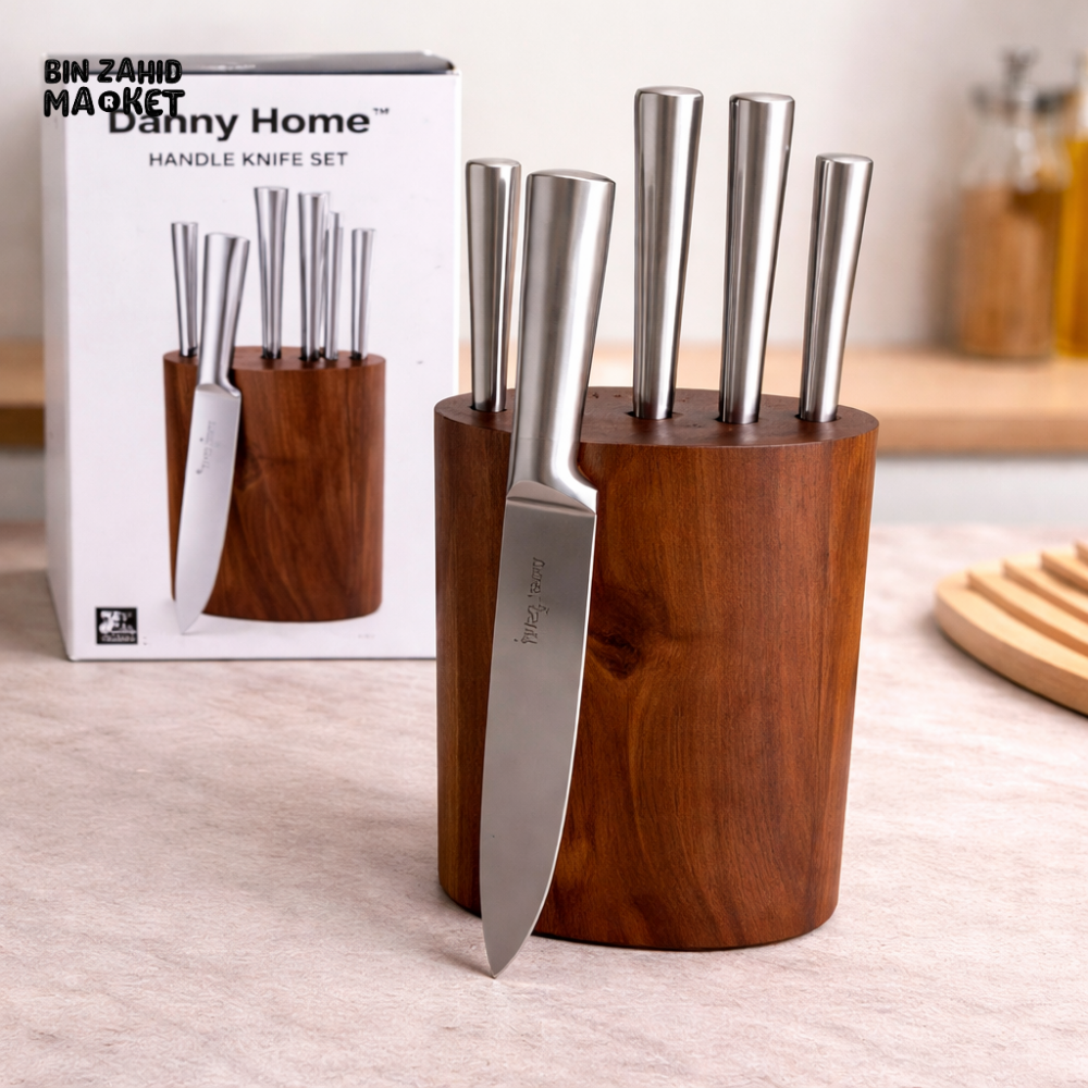 DANNY HOME STAINLESS STEEL KITCHEN KNIFE BLOCK SET WITH NATURAL WOOD HOLDER – MULTI-FUNCTION CUTTING KNIVES SET