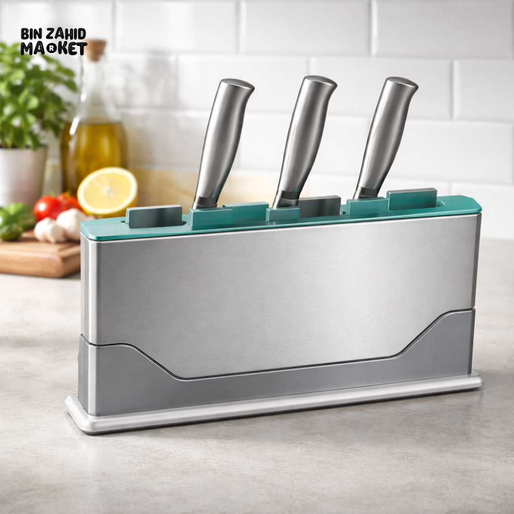 DANNY HOME STAINLESS STEEL MAGNETIC KNIFE HOLDER SET WITH KITCHEN KNIVES MODERN COUNTERTOP STORAGE RACK DH3154