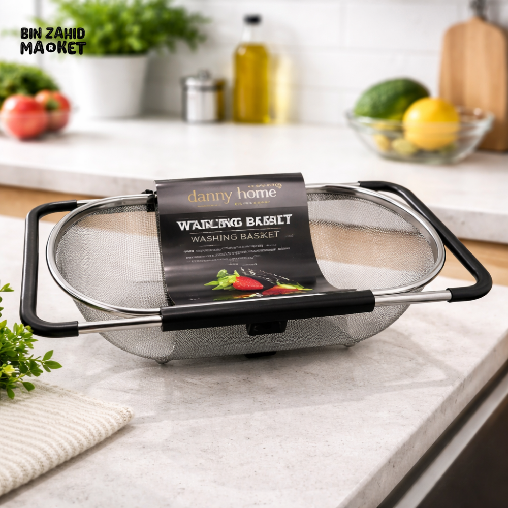 DANNY HOME STAINLESS STEEL SQUARE EXPANDABLE SINK WASHING BASKET FRUIT VEGETABLE DRAINING COLANDER HEAVY DUTY SS07-01