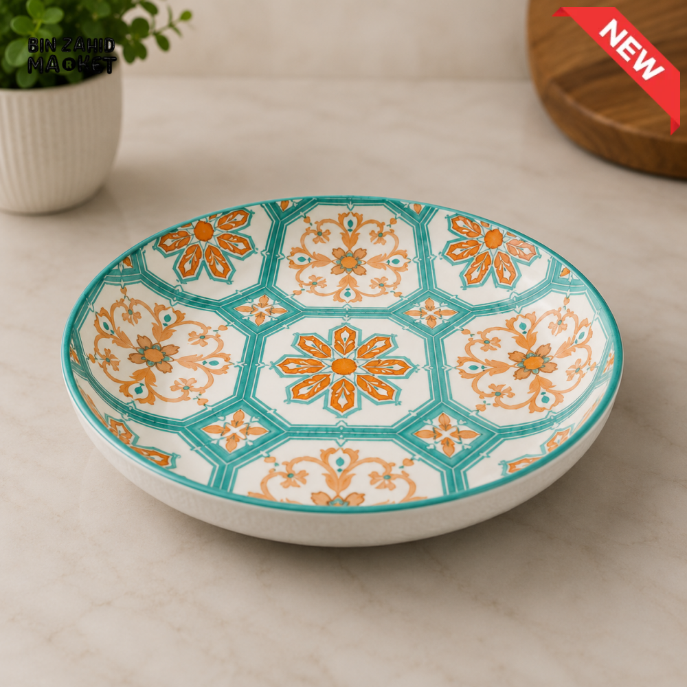 DANNY HOME TURQUOISE AND ORANGE FLORAL DESIGN CERAMIC SERVING BOWL - 12 INCHES