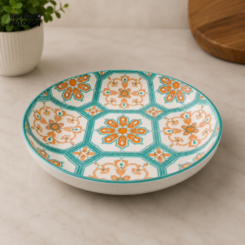 DANNY HOME TURQUOISE AND ORANGE FLORAL DESIGN CERAMIC SERVING BOWL - 12 INCHES