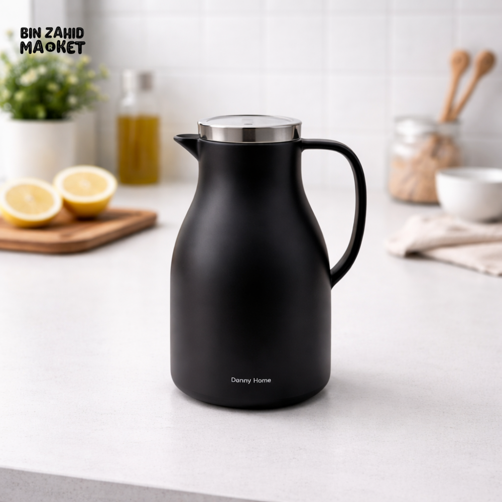 DANNY HOME VACUUM INSULATED JUG 1L PP BODY WITH GLASS LINER HOT & COLD THERMOS CARAFE BLACK VF004B