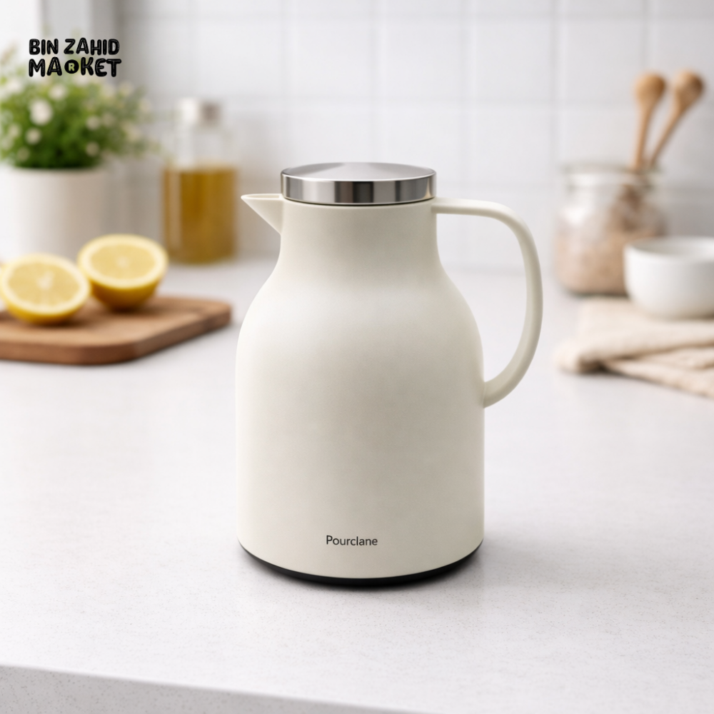 DANNY HOME VACUUM INSULATED JUG 1L PP BODY WITH GLASS LINER HOT & COLD THERMOS CARAFE WHITE VF004W