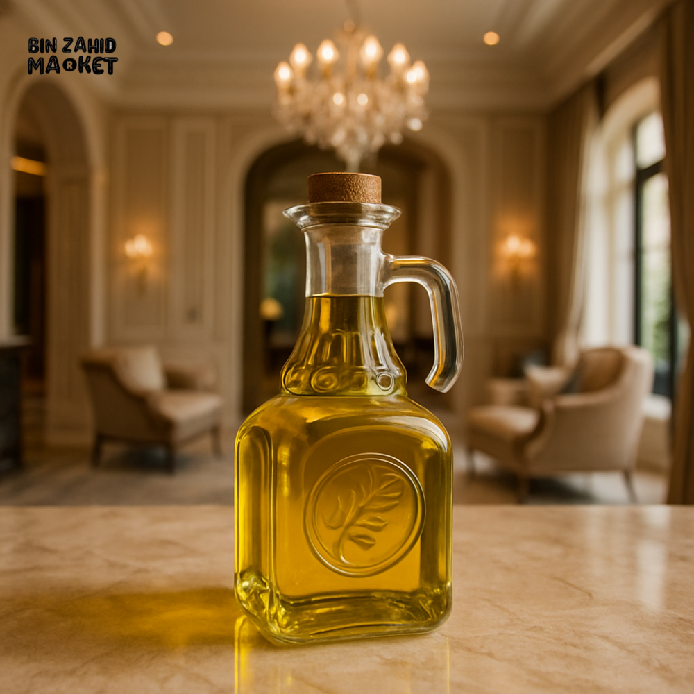 DANNY HOME VINTAGE GREEN GLASS OIL BOTTLE – EMBOSSED DESIGN WITH CORK LID FOR OLIVE OIL VINEGAR & POURING - 240ML