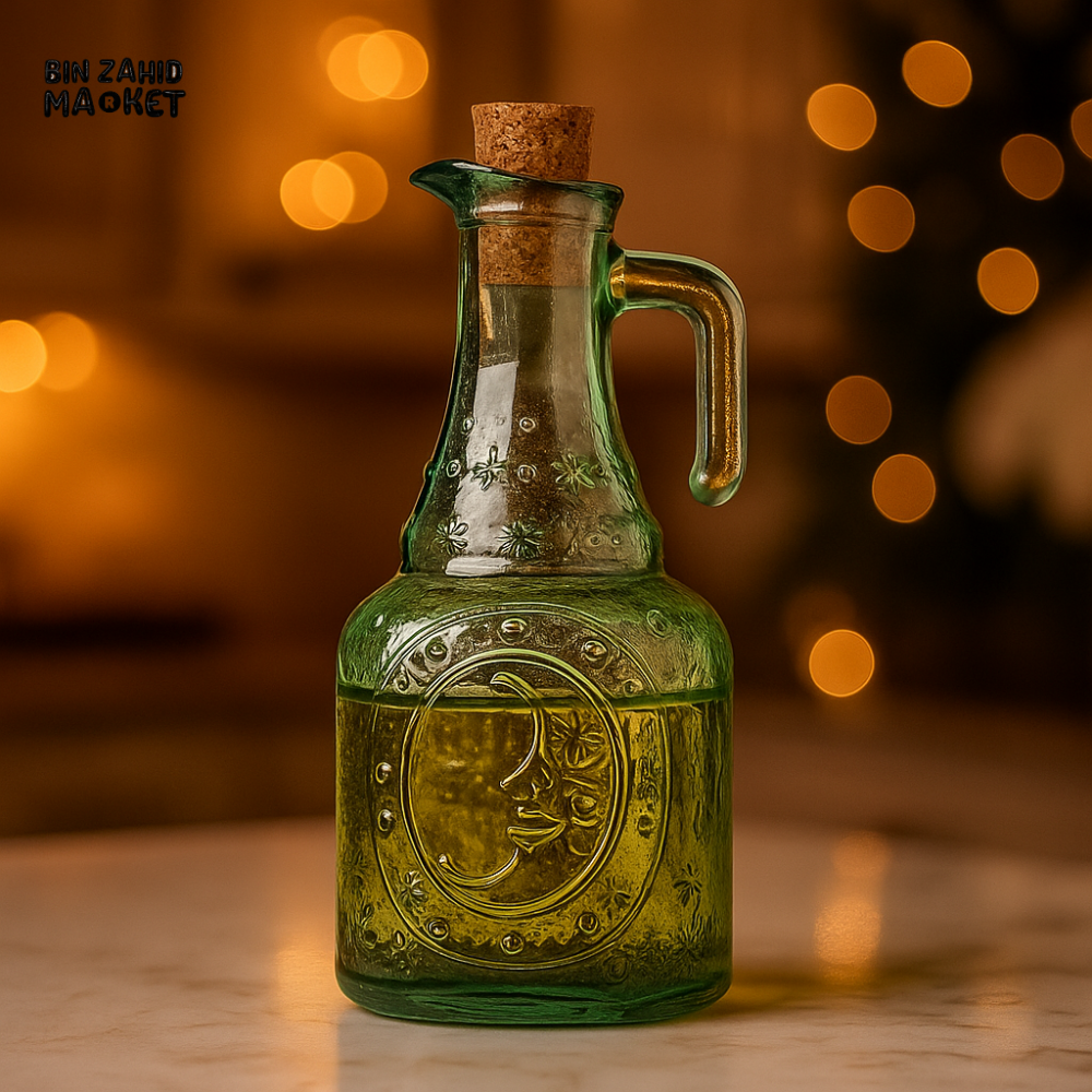 DANNY HOME VINTAGE GREEN GLASS OIL BOTTLE – EMBOSSED DESIGN WITH CORK LID FOR OLIVE OIL VINEGAR & POURING - 240ML