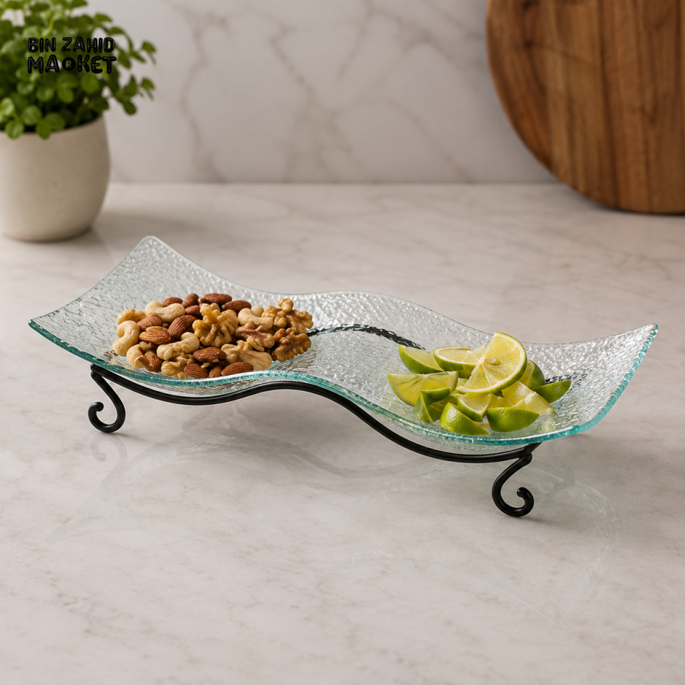 DANNY HOME WAVE DESIGN GLASS SERVING TRAY WITH METAL STAND