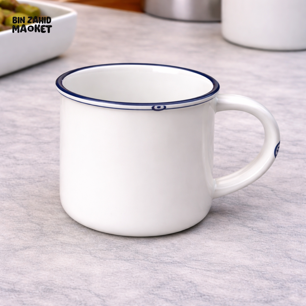 DANNY HOME WHITE ENAMEL MUG WITH BLUE RIM 430ML– CLASSIC COFFEE & TEA CUP - CPK-055 Brilliant Mugs