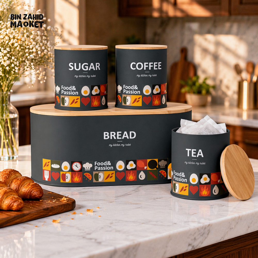 DARK GREY BREAD BIN & KITCHEN STORAGE CANISTER SET WITH WOODEN LIDS (TEA COFFEE SUGAR) – MODERN FOOD & PASSION METAL SET