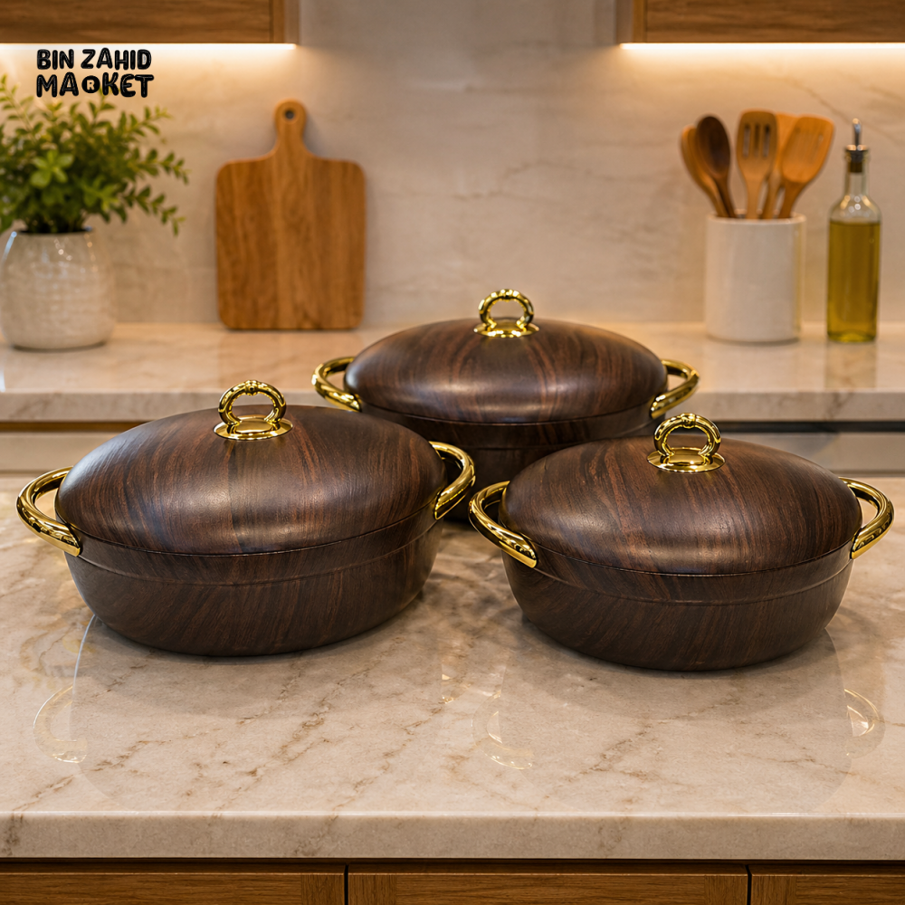 DARK WALNUT WOOD FINISH CERAMIC CASSEROLE SET WITH GOLD HANDLES – 3 PIECE LUXURY KITCHEN SERVING POTS
