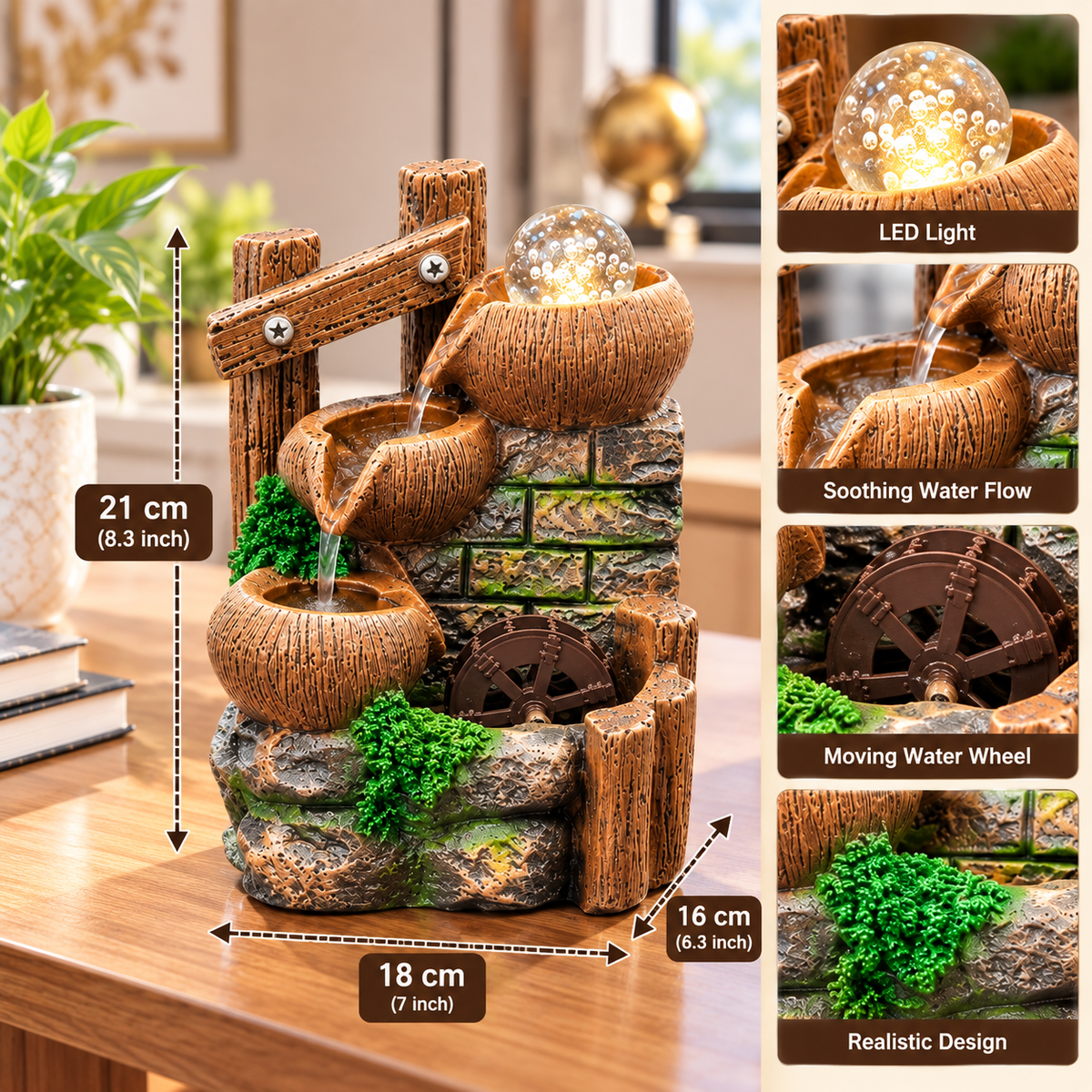 RUSTIC MULTI-TIER TABLETOP WATER FOUNTAIN WITH LED LIGHT & WATER WHEEL