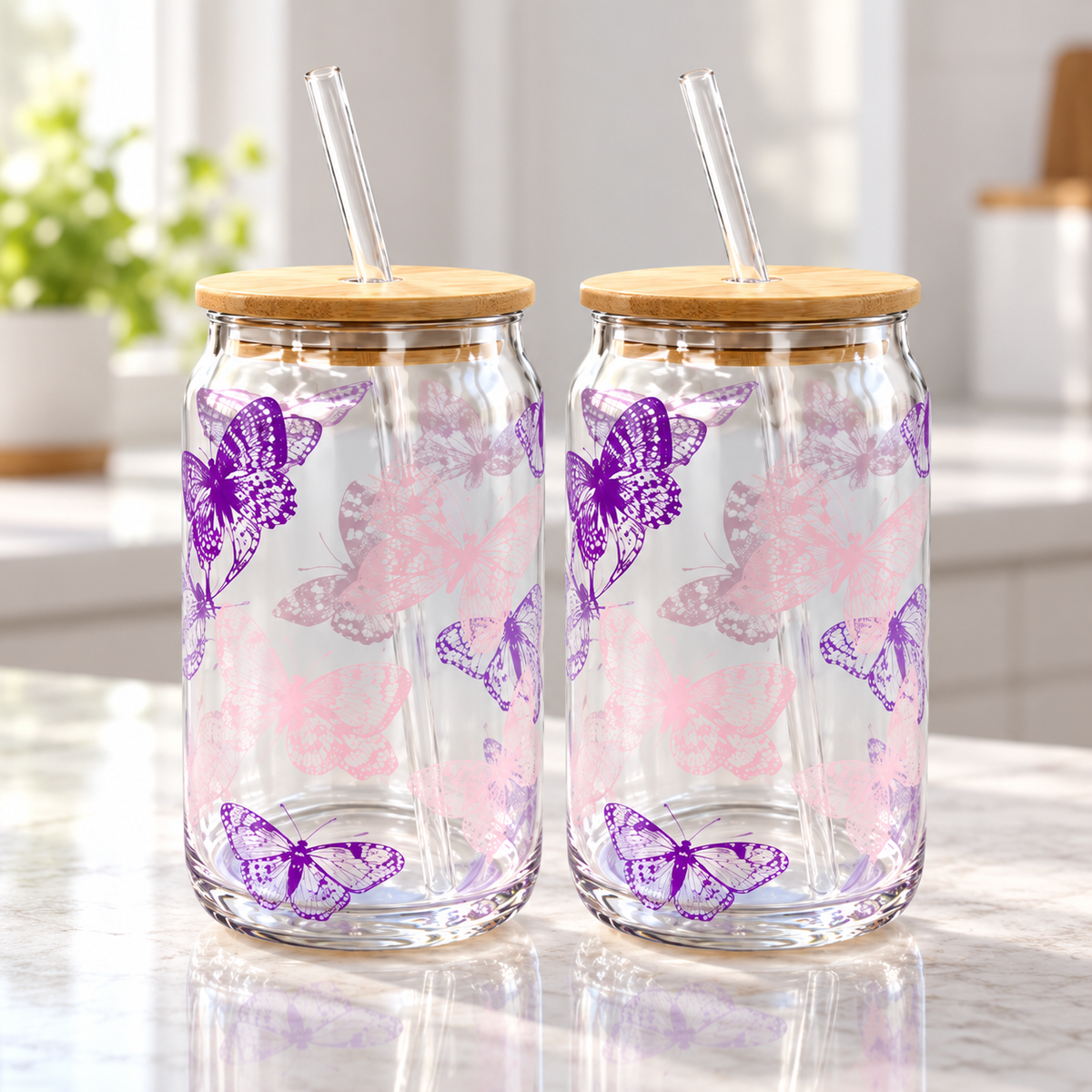 Danny Home 2 Piece Butterfly Straw & Glass Tumbler - 500 ml