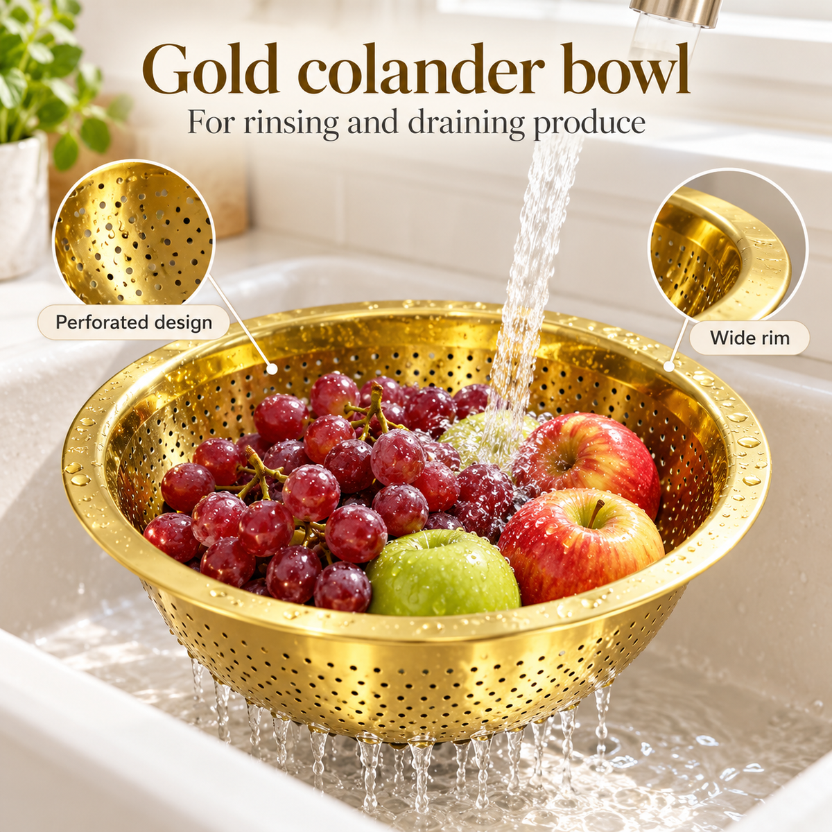 Danny Home Gold Colander Bowl - 22cm