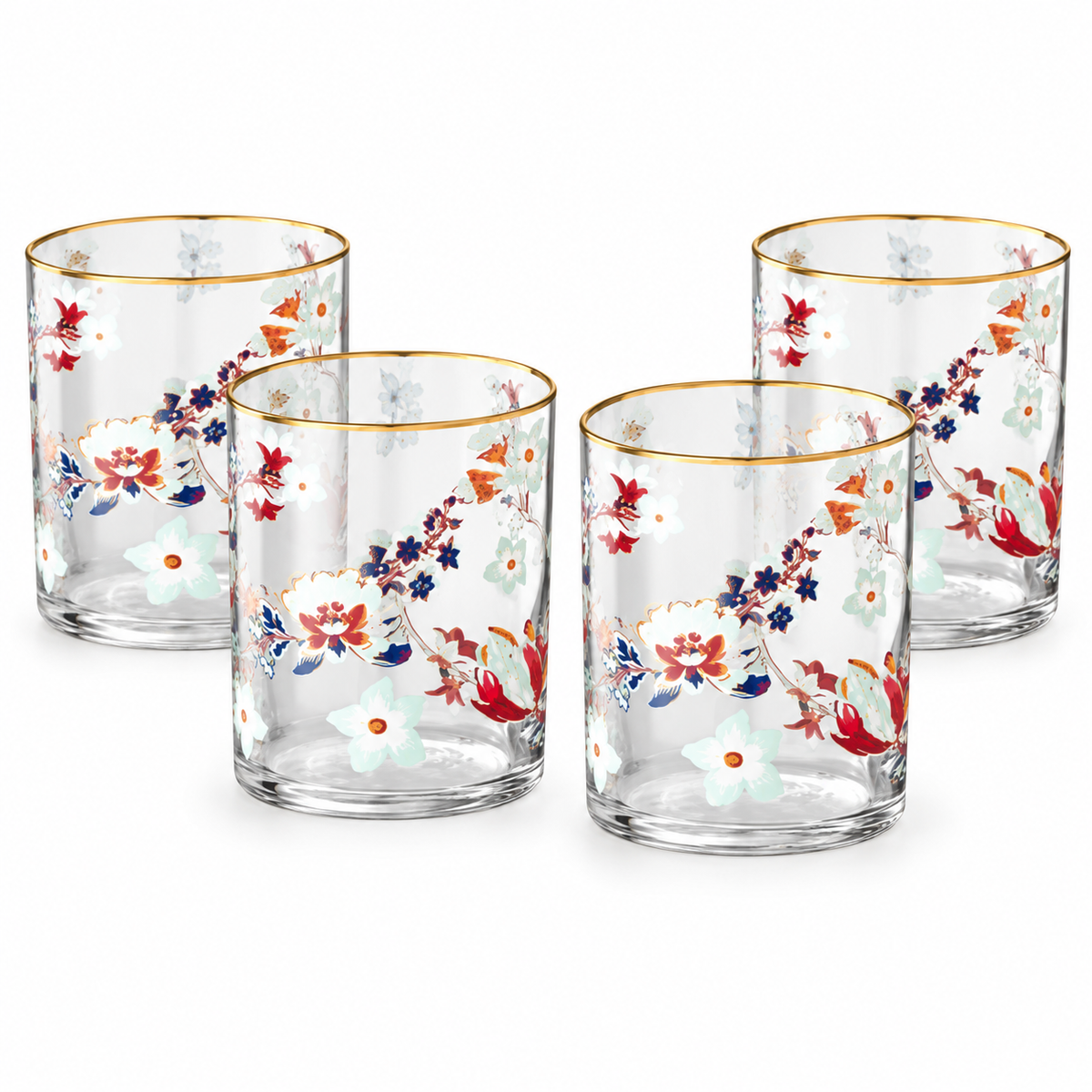 Danny Home 4 Piece Floral Gold Rim Tumbler Set - 390 ml