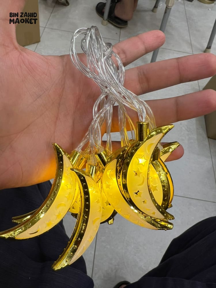 DECORA GOLDEN STAR CUT CRESCENT MOON LED STRING LIGHTS – WARM GLOW ISLAMIC HOME DECOR