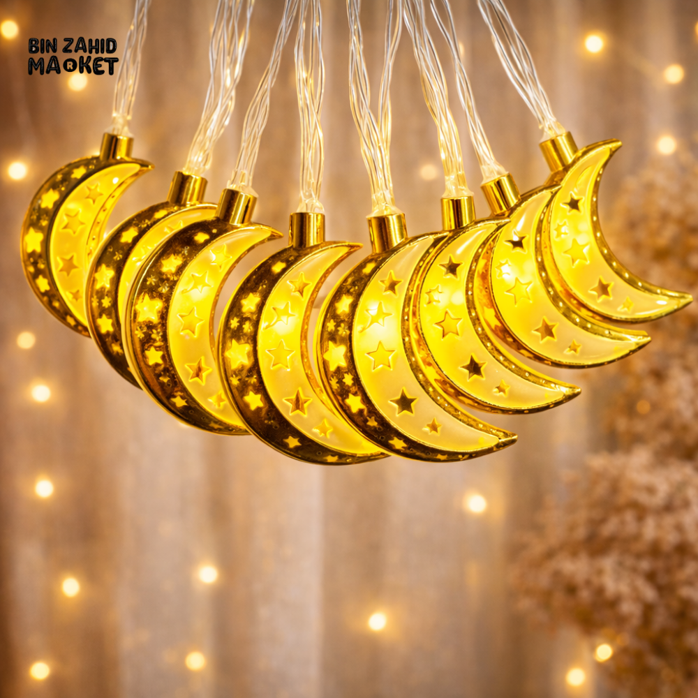 DECORA GOLDEN STAR CUT CRESCENT MOON LED STRING LIGHTS – WARM GLOW ISLAMIC HOME DECOR