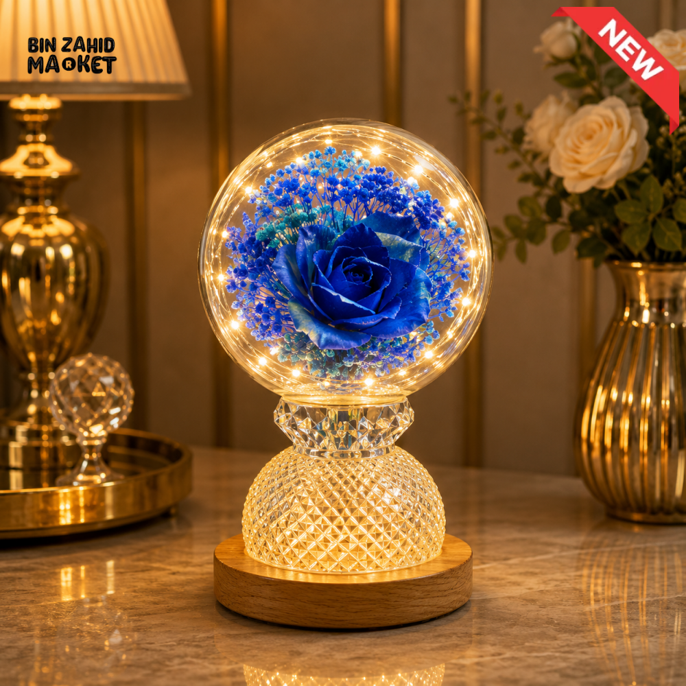 DECORATIVE BLUE ROSE GLASS GLOBE LED TABLE LAMP WITH CRYSTAL BASE