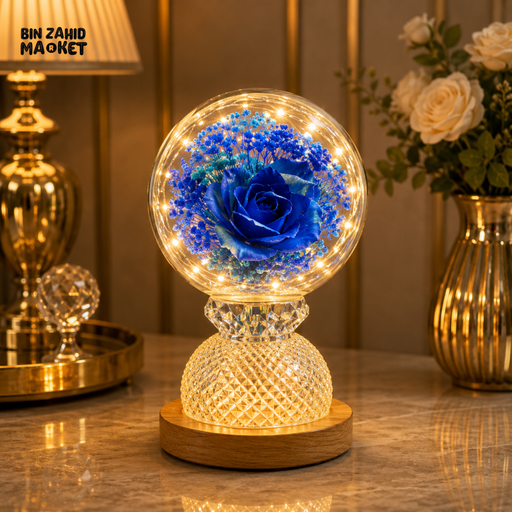 DECORATIVE BLUE ROSE GLASS GLOBE LED TABLE LAMP WITH CRYSTAL BASE